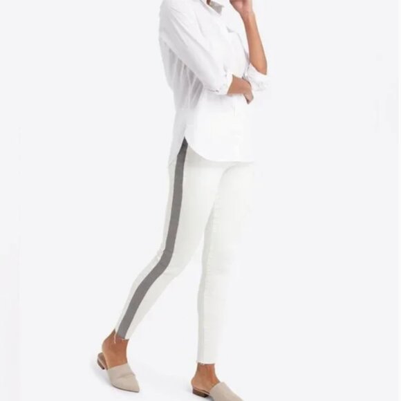 NWOT Spanx Side Stripe White Vintage Grey Distressed Raw Hem Stretch Skinny Jean - Picture 1 of 9